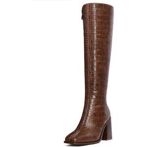 Women Crocodile Brown Polyurethane Knee High Square Toe Block Heel Tall Boots